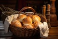 freshly baked bread rolls in a rustic basket Royalty Free Stock Photo