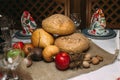 Freshly baked bread in rustic bakery with traditional oven. Food background Royalty Free Stock Photo