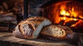 Freshly baked bread in rustic bakery with traditional oven. Food background.Generative AI Royalty Free Stock Photo