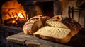 Freshly baked bread in rustic bakery with traditional oven. Food background.Generative AI Royalty Free Stock Photo