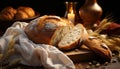 Freshly baked bread, a rustic meal on a wooden table generated by AI