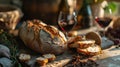 freshly baked bread with wine, close-up shot, rustic vineyard table, wine and bread in harmony, warm morning rays