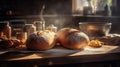 Freshly baked bread on a wooden cutting board. Black background Royalty Free Stock Photo