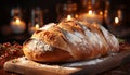 Freshly baked bread on wooden table, candle flickers generated by AI