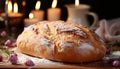 Freshly baked bread on wooden table, candle flickers nearby generated by AI