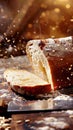 Freshly baked bread on wooden table with flour dusting and bokeh lights Royalty Free Stock Photo