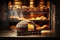 Freshly baked bread on a wooden table in front of the oven
