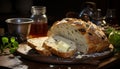 Freshly baked bread on wooden table, a gourmet rustic meal generated by AI