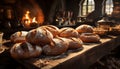 Freshly baked bread on a wooden table, a rustic meal indoors generated by AI