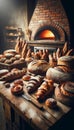 freshly baked breads and pastries in a bakery with a wood fired oven. Generative AI