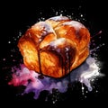 Freshly Baked Brioche Bread Square Watercolor Illustration.