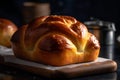 Freshly baked brioche bread on a wooden board on the breakfast table Delicious pastries Generated AI