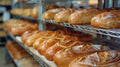 Freshly baked challah bread on bakery rack
