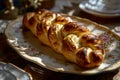 Freshly baked challah bread on a vintage serving plate