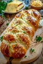 Freshly Baked Cheese Garlic Bread on Wooden Board with Herbs and Spices in Rustic Kitchen Setting