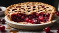 Freshly-baked homemade cherry pie with golden-brown lattice crust glossy from the egg wash