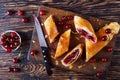 Freshly baked cherry strudel, flat lay Royalty Free Stock Photo