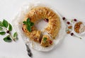 freshly baked cherry strudel with mint and almond and fresh cherries at the background Royalty Free Stock Photo