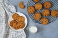 Freshly baked chip chocolate cookies and glass of milk on stone table top view Royalty Free Stock Photo