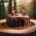 Freshly baked chocolate cake topped with delicious chocolate drizzle and tiny workers in a forest setting Royalty Free Stock Photo