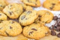 Freshly baked chocolate chip cookies closeup on wooden board Royalty Free Stock Photo