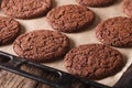 Freshly baked chocolate cookies on a baking sheet close-up. Horizontal Royalty Free Stock Photo