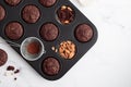 Freshly baked chocolate muffins in a baking pan Royalty Free Stock Photo