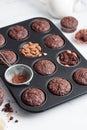 Freshly baked chocolate muffins in a baking pan Royalty Free Stock Photo