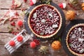 Freshly baked Christmas cranberry tart with icing sugar and fest