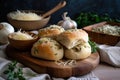 freshly baked ciabatta rolls piled high with fresh herbs and cheese Royalty Free Stock Photo