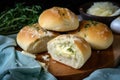 freshly baked ciabatta rolls piled high with fresh herbs and cheese Royalty Free Stock Photo