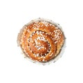 Freshly baked cinnamon bun in paper form closeup isolated on white. Traditional swedish sweet pastry kanelbulle