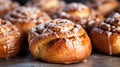 Freshly baked cinnamon buns with frosting. Generative AI