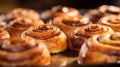 Freshly baked cinnamon buns with frosting. Generative AI