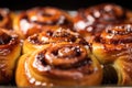 Freshly baked cinnamon buns with frosting. Generative AI