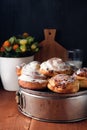 Freshly baked cinnamon buns with spices and cocoa filling. Sweet Homemade Pastry, dessert.