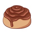 Freshly baked cinnamon roll with sweet chocolate frosting.