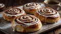 Freshly Baked Cinnamon Rolls with Cream Cheese Icing and Hot Coffee Royalty Free Stock Photo