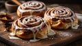 Delicious Cinnamon Rolls with Cream Cheese Glaze, Sweet Treat on Wooden Serving Board. Royalty Free Stock Photo