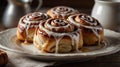 Warm Cinnamon Rolls Drizzled with Sweet Cream Cheese Icing on White Plate Royalty Free Stock Photo