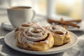 Warm cinnamon rolls with creamy icing served on a white plate next to a cup of coffee and cinnamon sticks in a cozy morning Royalty Free Stock Photo