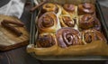 Freshly baked cinnamon and walnuts rolls, deliciously puffy pastry desserts