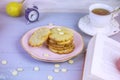 Freshly baked coconut cookies with white chocolate on a beautiful plate, on a gray wooden background, surrounded by a cup of tea, Royalty Free Stock Photo