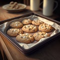freshly baked cookies white chocolate your own hands on baking sheet after oven
