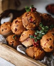 Freshly baked cowberry muffins. Cranberry muffins with fresh berries on rustic background. Copy space. Royalty Free Stock Photo