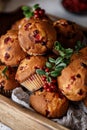 Freshly baked cowberry muffins. Cranberry muffins with fresh berries on rustic background. Copy space. Royalty Free Stock Photo