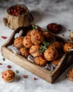 Freshly baked cowberry muffins. Cranberry muffins with fresh berries on rustic background. Copy space. Royalty Free Stock Photo