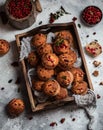 Freshly baked cowberry muffins. Cranberry muffins with fresh berries on rustic background. Copy space. Royalty Free Stock Photo