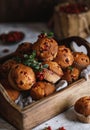 Freshly baked cowberry muffins. Cranberry muffins with fresh berries on rustic background. Copy space. Royalty Free Stock Photo