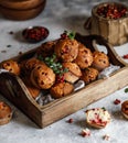 Freshly baked cowberry muffins. Cranberry muffins with fresh berries on rustic background. Copy space. Royalty Free Stock Photo